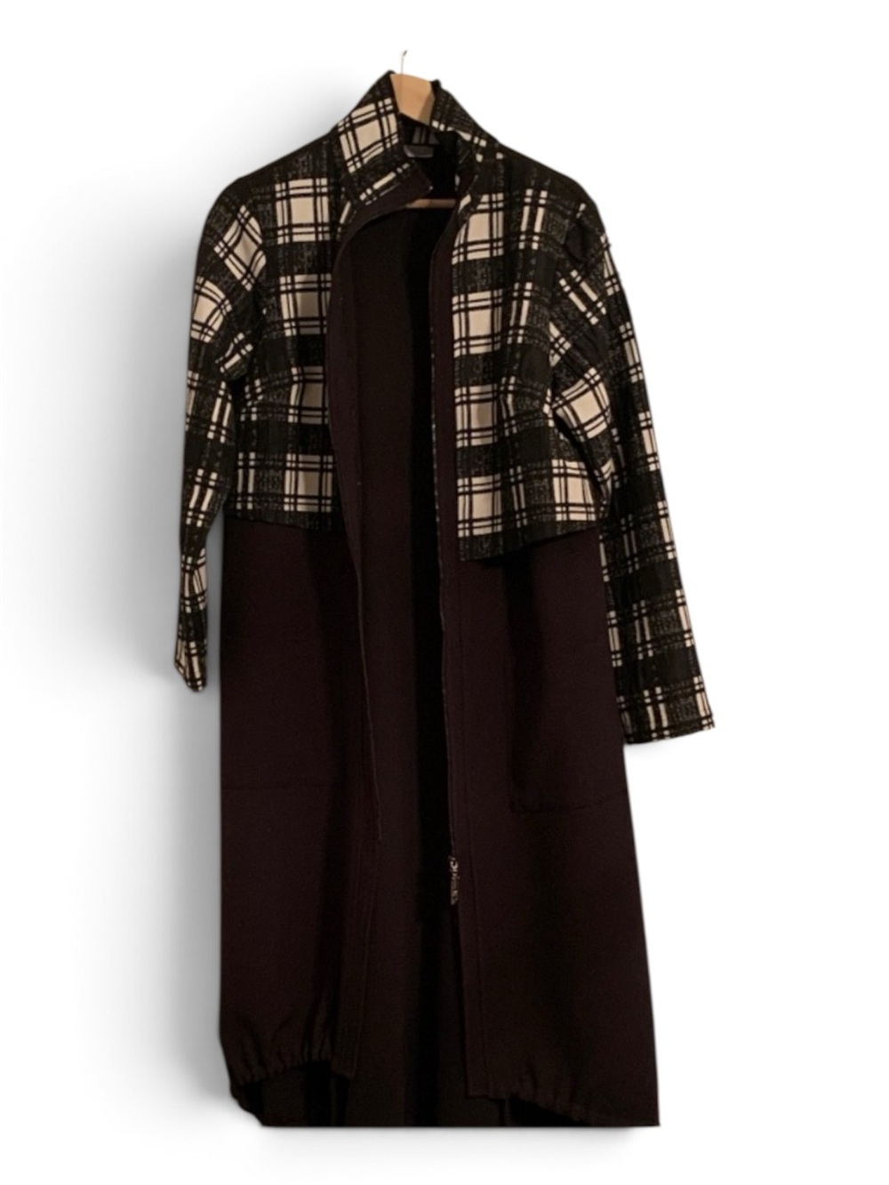 Naya Black and White Plaid Jacket with Purple Dress
